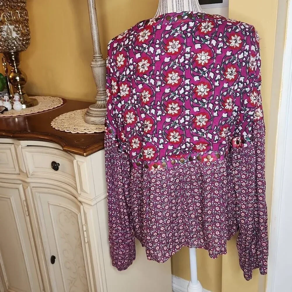 Free People Malia Babydoll Jacket | Embellished Boho Floral Tie Neck sz L